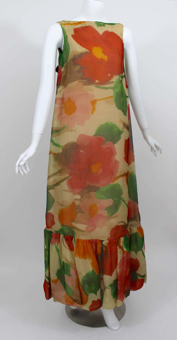 1960s Multicolor Florals Silk Organza Sleeveless Satin Bow Maxi Dress / Gown