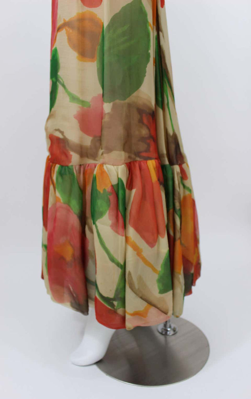 1960s Multicolor Florals Silk Organza Sleeveless Satin Bow Maxi Dress / Gown