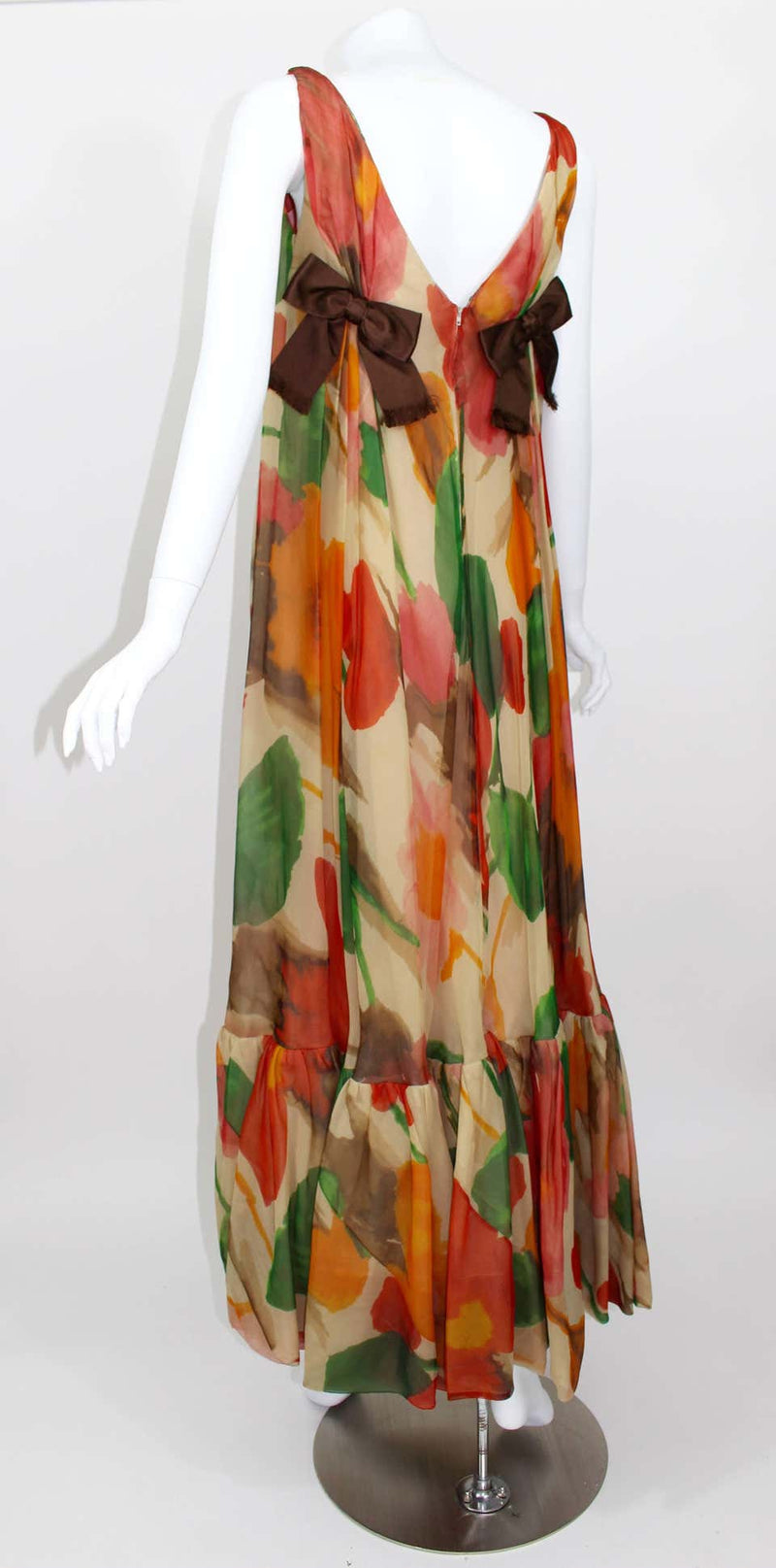 1960s Multicolor Florals Silk Organza Sleeveless Satin Bow Maxi Dress / Gown