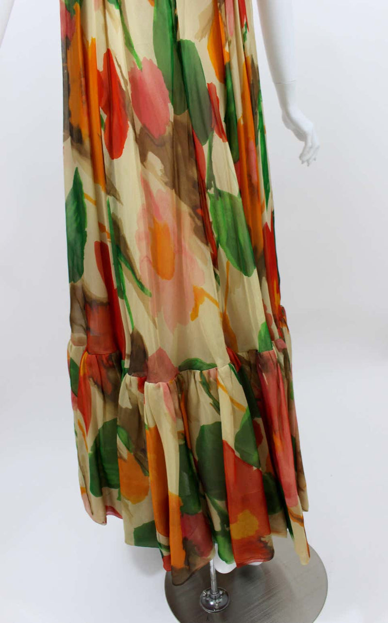 1960s Multicolor Florals Silk Organza Sleeveless Satin Bow Maxi Dress / Gown