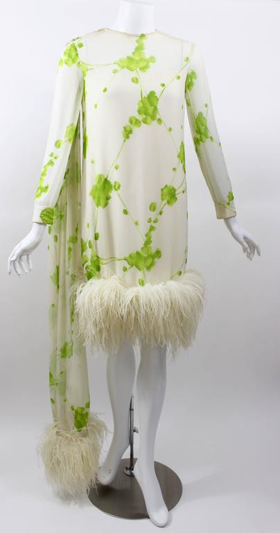 1960s Pierre Cardin Ivory and Green Silk Print Ostritch Feather Trim Dress