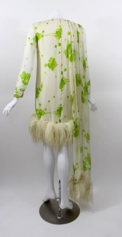 1960s Pierre Cardin Ivory and Green Silk Print Ostritch Feather Trim Dress