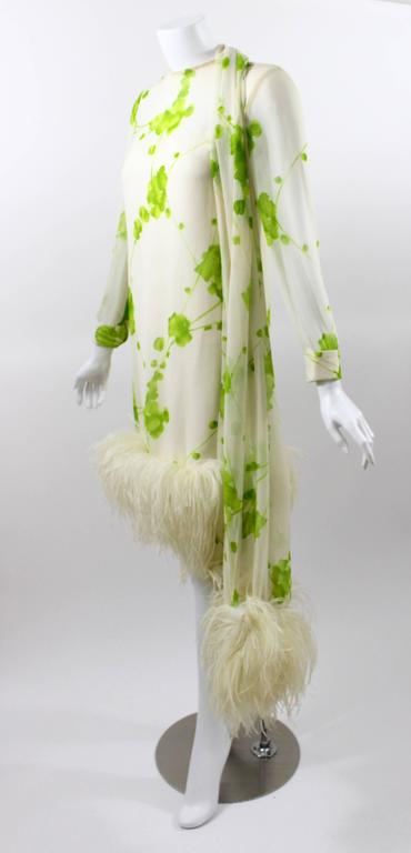 1960s Pierre Cardin Ivory and Green Silk Print Ostritch Feather Trim Dress