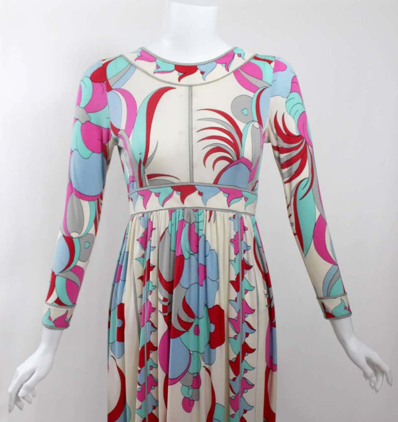 1960s Bessi Silk Jersey Multicolored Print Maxi Dress