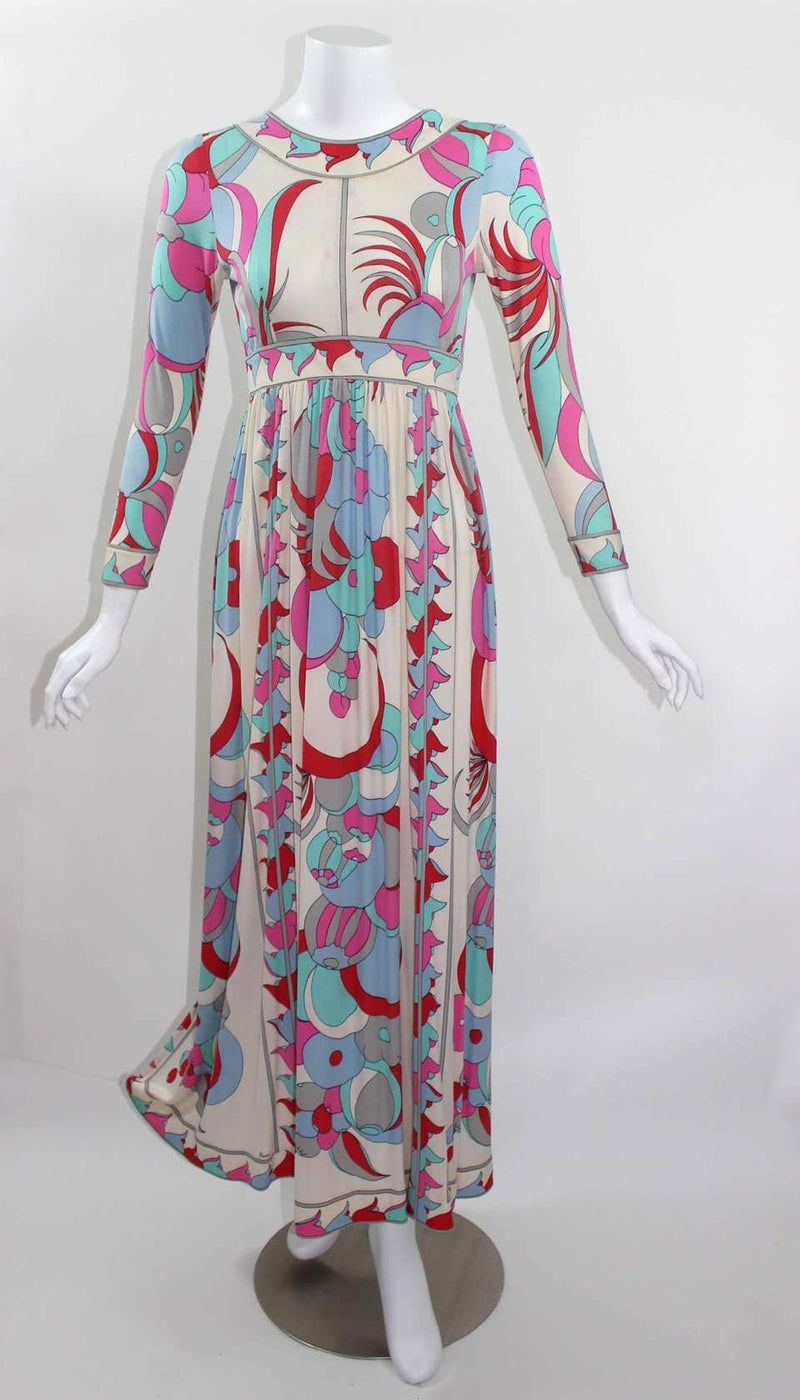 1960s Bessi Silk Jersey Multicolored Print Maxi Dress