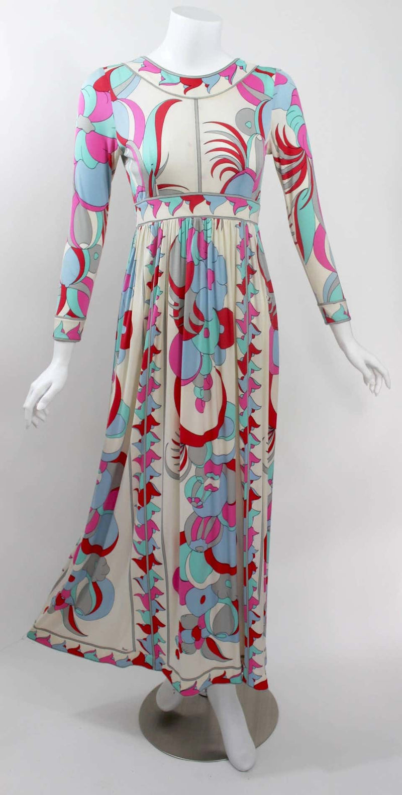 1960s Bessi Silk Jersey Multicolored Print Maxi Dress