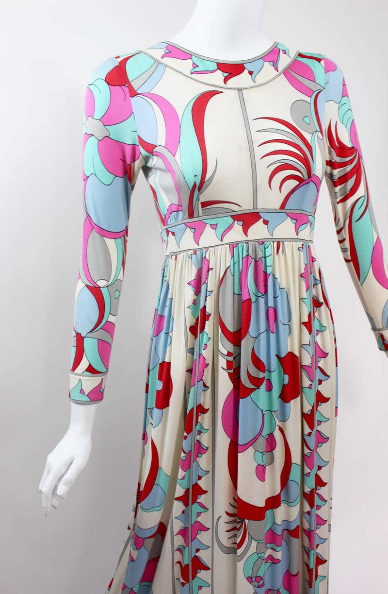 1960s Bessi Silk Jersey Multicolored Print Maxi Dress