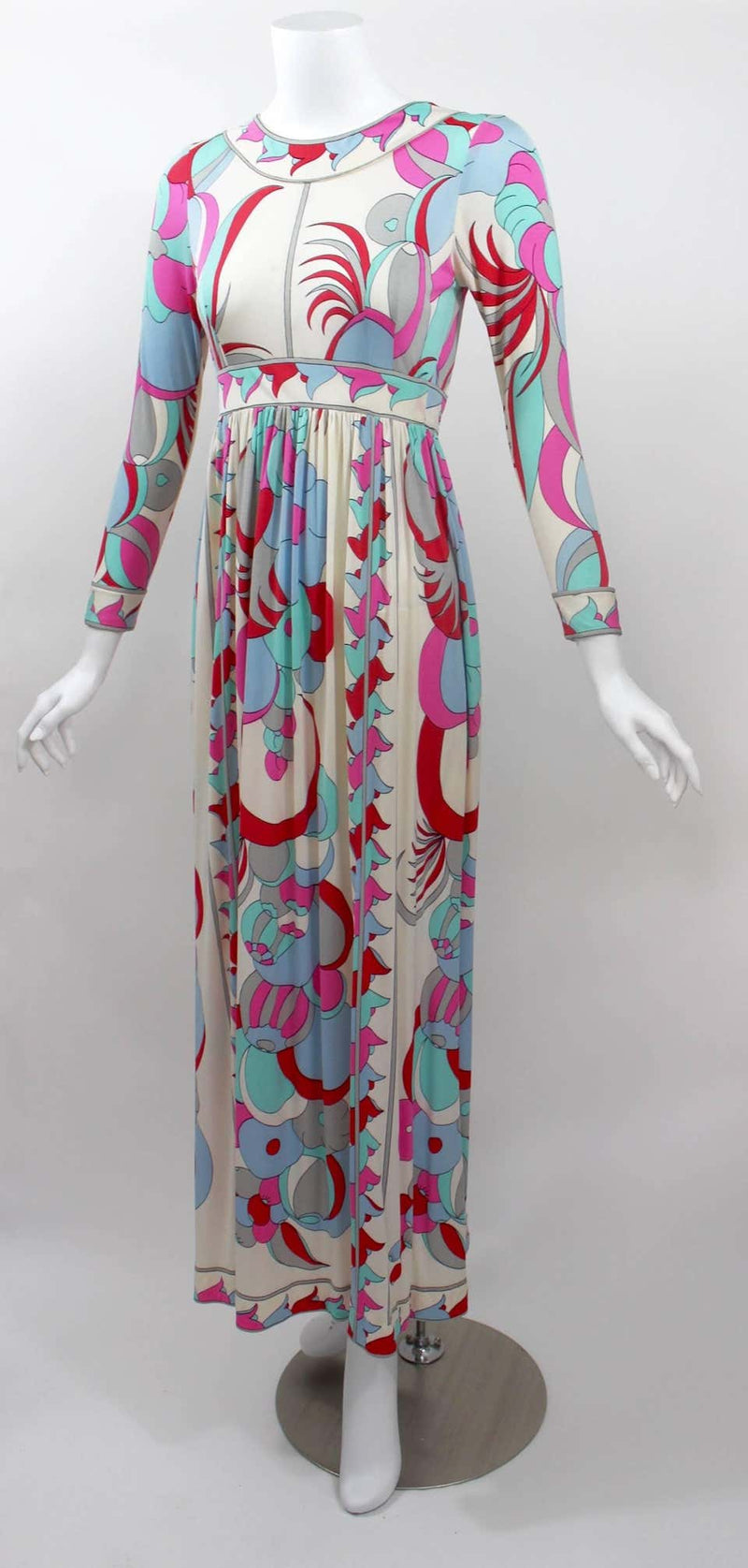 1960s Bessi Silk Jersey Multicolored Print Maxi Dress