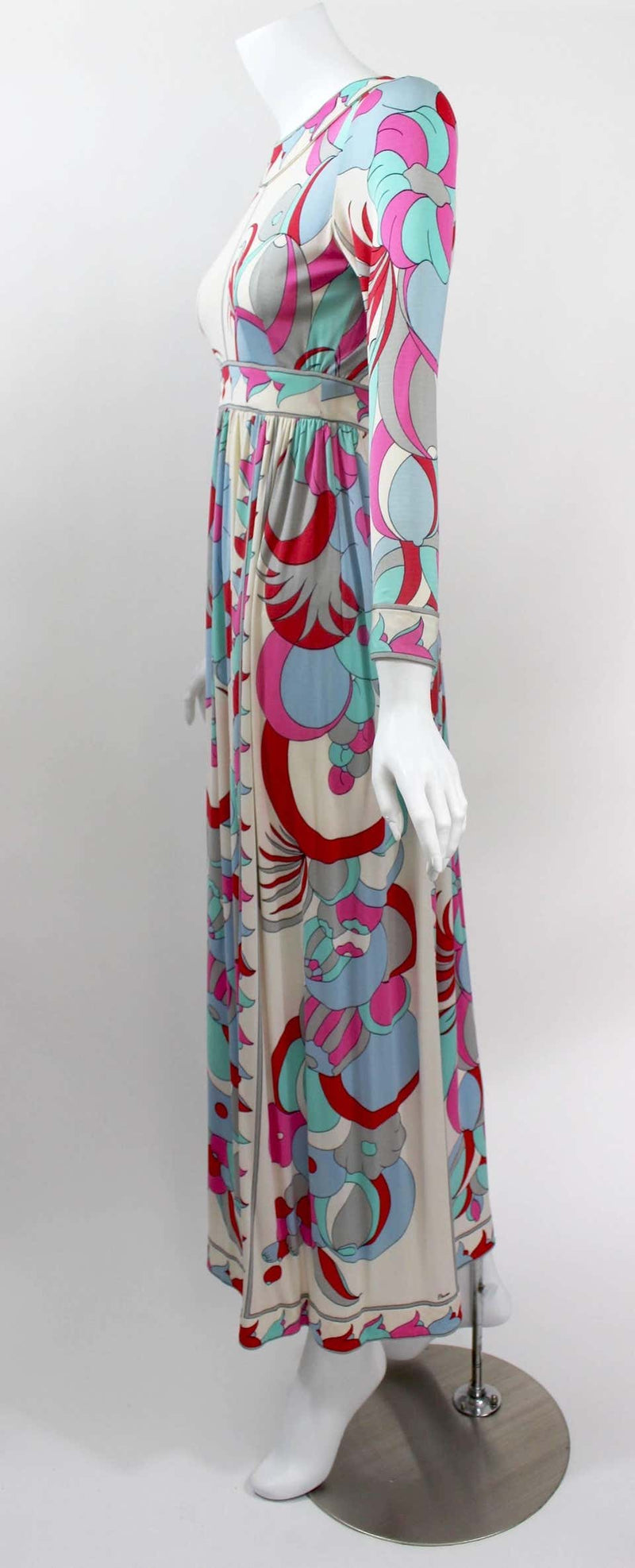 1960s Bessi Silk Jersey Multicolored Print Maxi Dress