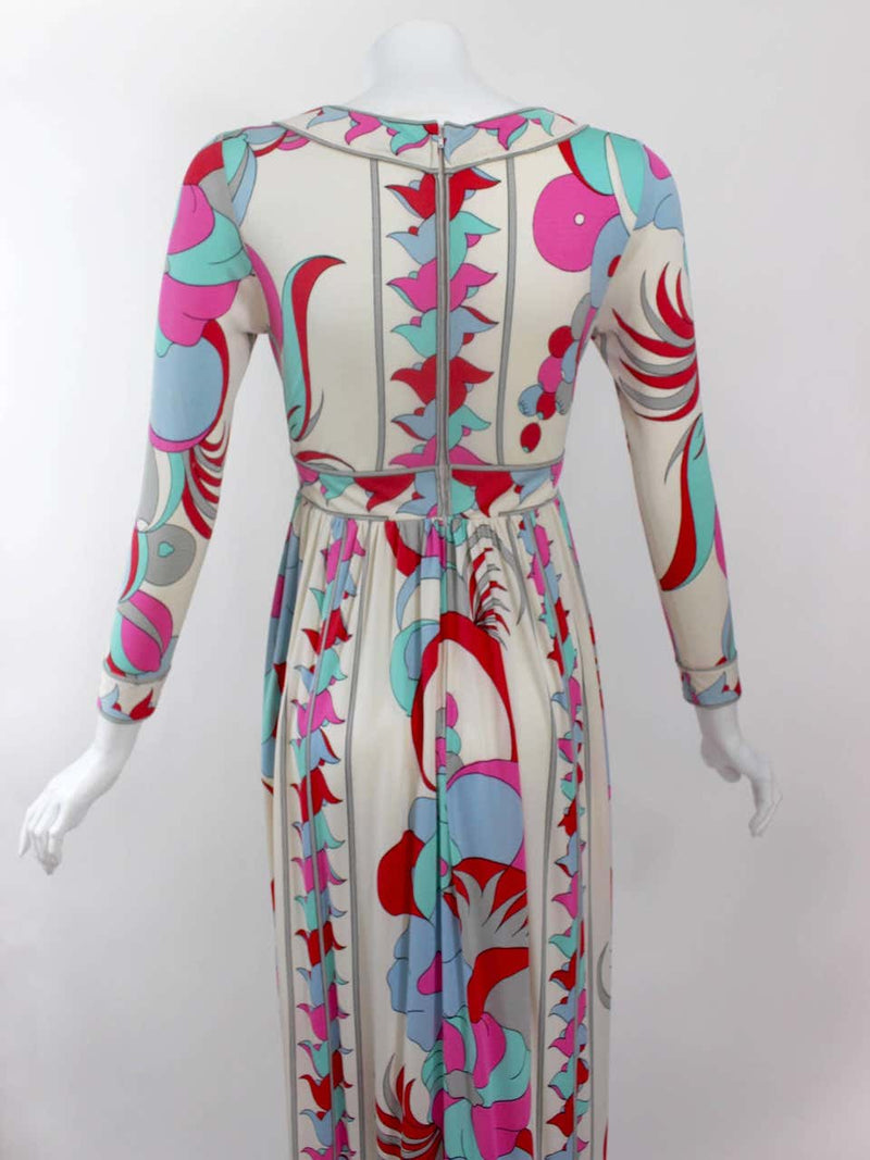 1960s Bessi Silk Jersey Multicolored Print Maxi Dress