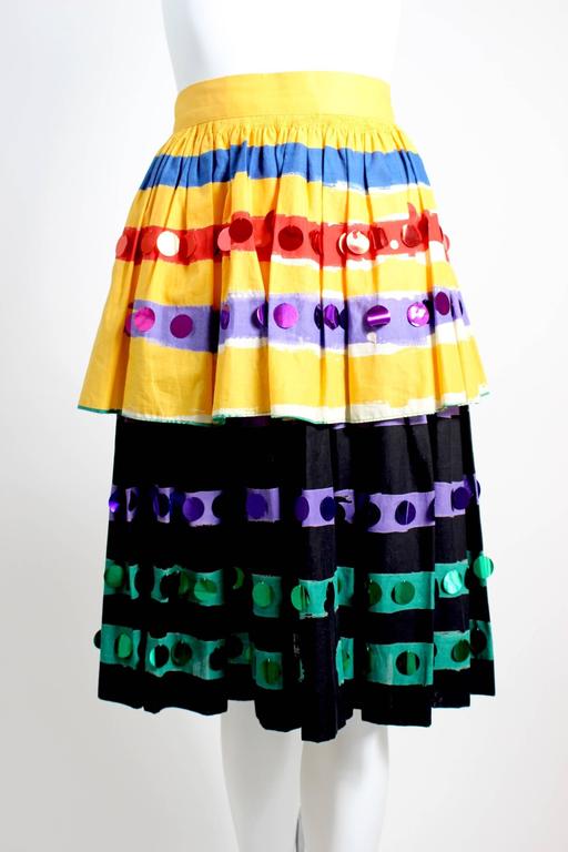 1980s Michaele Vollbrach Colorful Cotton Layered Gypsy Pheasant Skirt