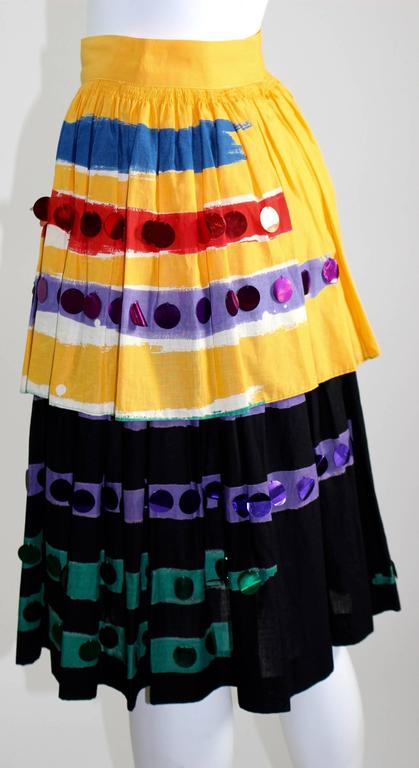 1980s Michaele Vollbrach Colorful Cotton Layered Gypsy Pheasant Skirt