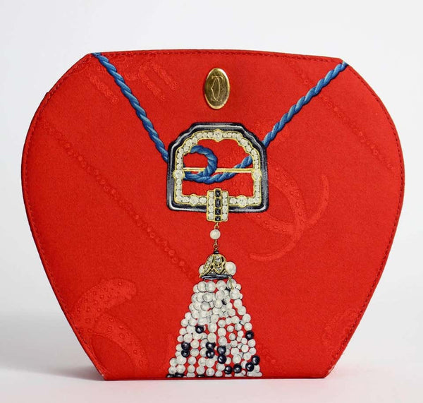 Les Must de Cartier Red Silk Jewel Necklace Design Gold Chain Clutch bag