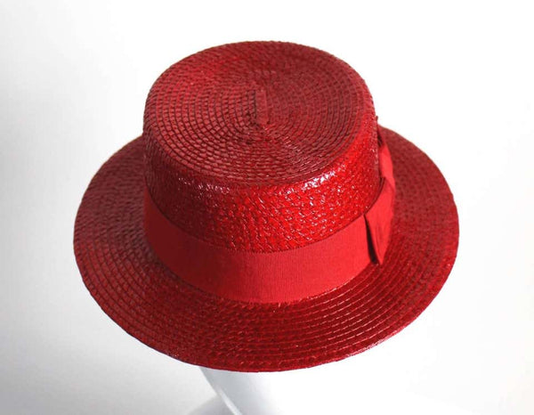 1990s Givenchy Red Straw Boater Grosgrain Bow Hat