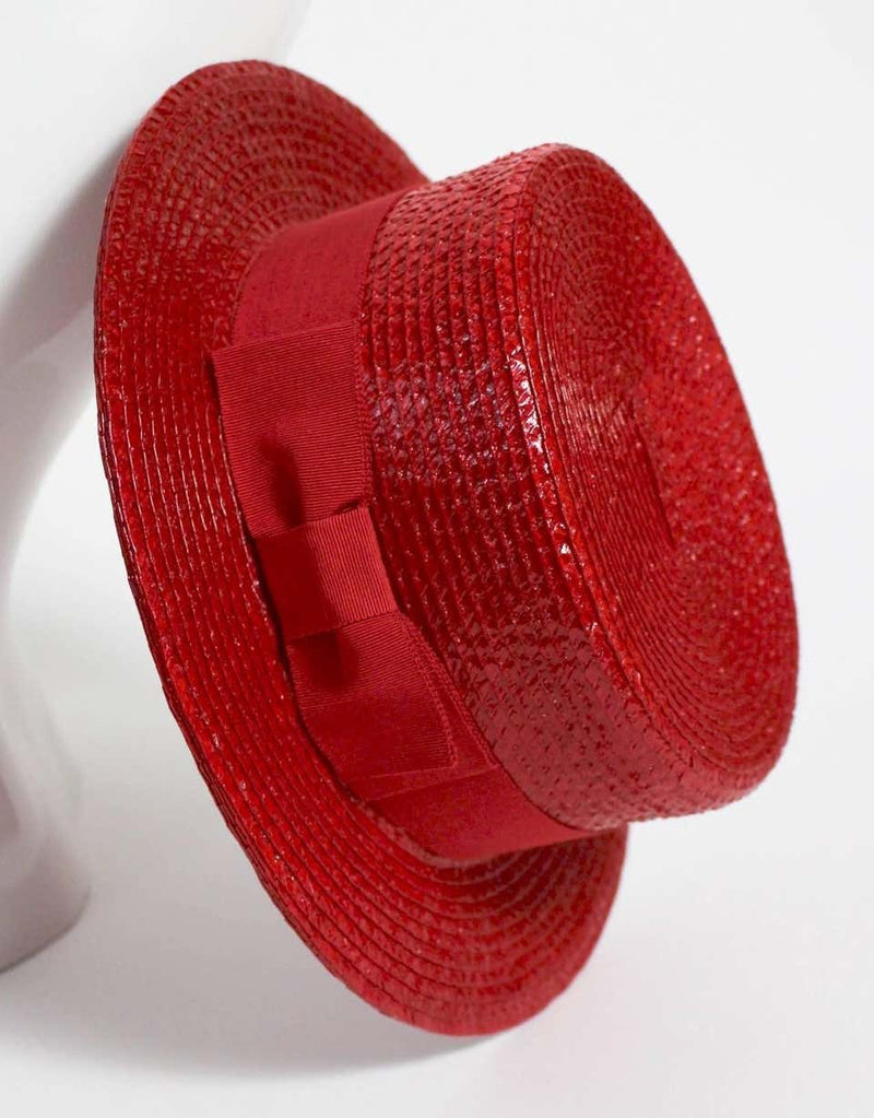 1990s Givenchy Red Straw Boater Grosgrain Bow Hat