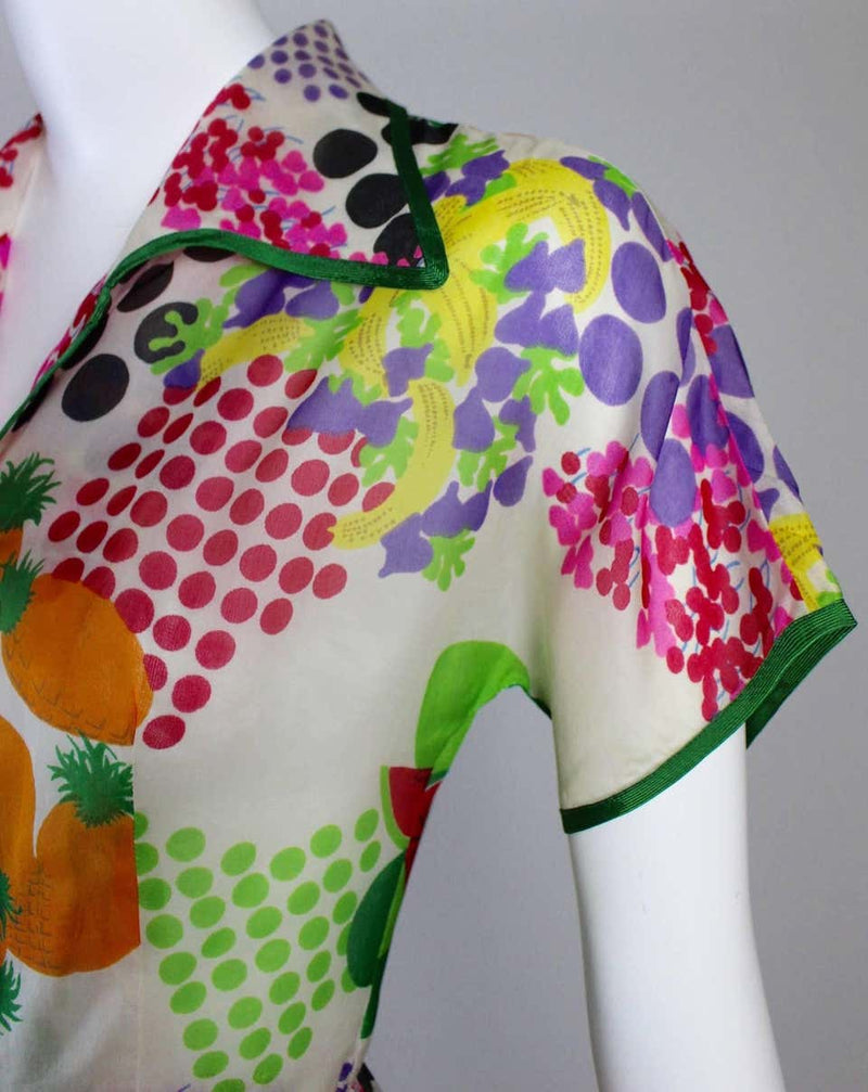 Nina Ricci Boutique Fruit and Dots Multicolor Print Silk Organza Dress, 1970s