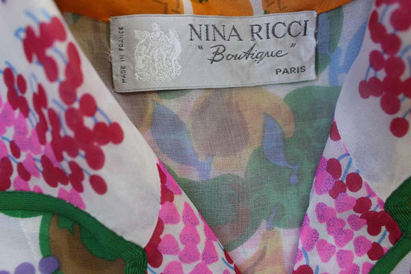 Nina Ricci Boutique Fruit and Dots Multicolor Print Silk Organza Dress, 1970s