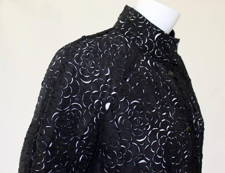 Chanel Laser Cut Camellia Flower Black and White Bomber Jacket