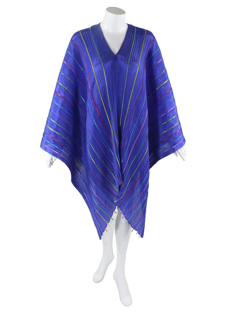 Issey Miyake "Pleats Please" Blue Colorful Ribbon Stripe Shawl Poncho Cape Dress