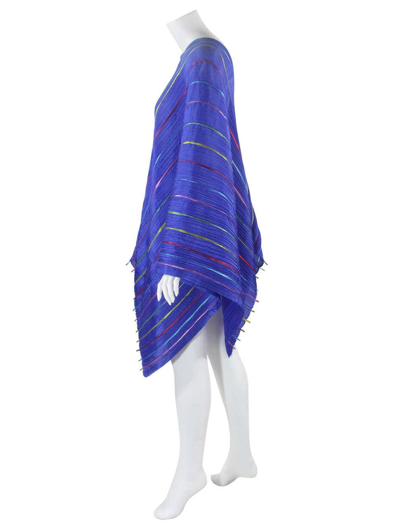 Issey Miyake "Pleats Please" Blue Colorful Ribbon Stripe Shawl Poncho Cape Dress