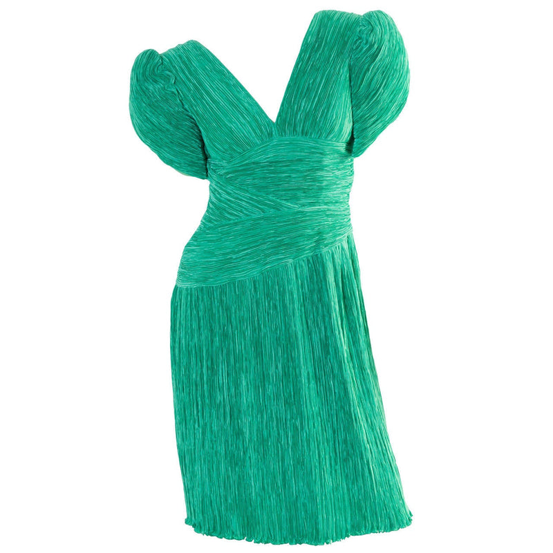 1980s Mary McFadden Couture Green Pleated Sculpted Short Sleeve Dress