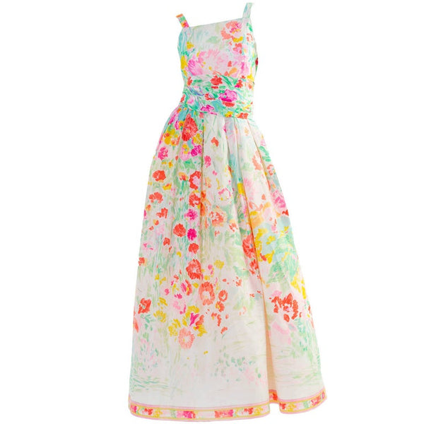 1990s Leonard Paris Multicolor Floral Silk  Maxi Dress Gown