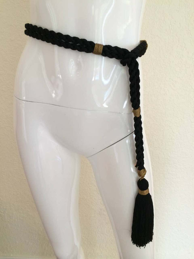 Yves Saint Laurent Black and Gold Rope Tassel Trim Necklace and Belt YSL