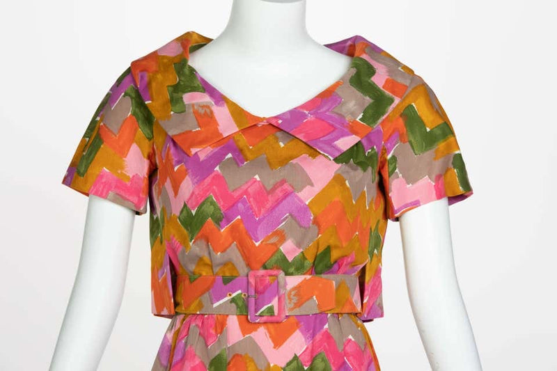 Christian Dior Demi-Couture Colorful Chevron Tailored Belted Dress, 1950s