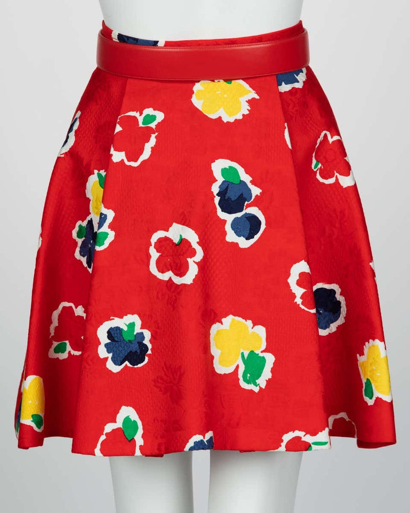 Galanos Red Floral Cotton Wrap Skirt w/ Belt, 1980s