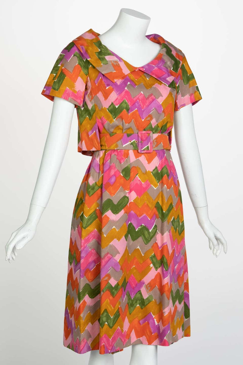 Christian Dior Demi-Couture Colorful Chevron Tailored Belted Dress, 1950s