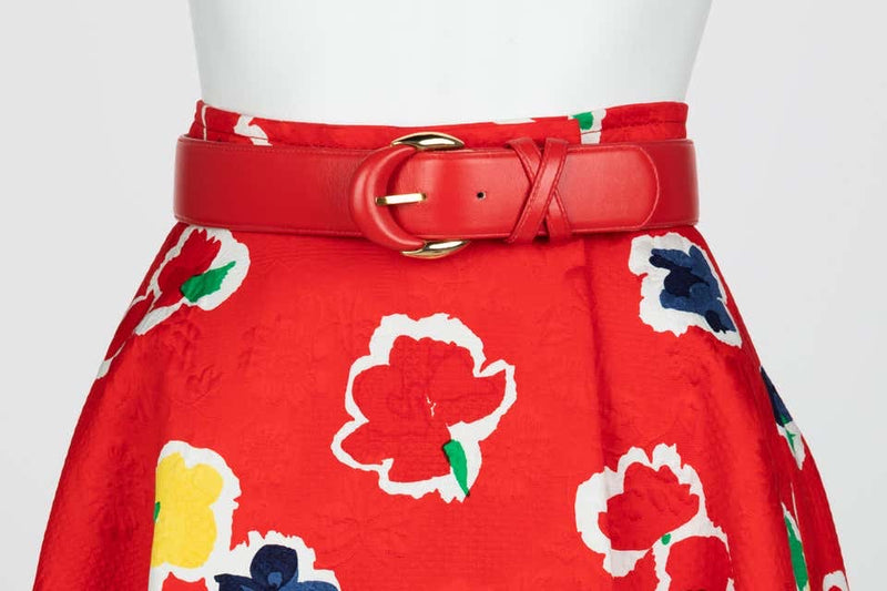 Galanos Red Floral Cotton Wrap Skirt w/ Belt, 1980s