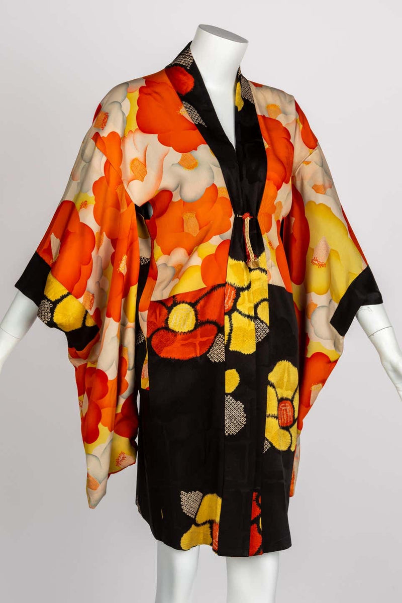 1930s Black Vibrant Shibori Flower Silk Kimono Jacket