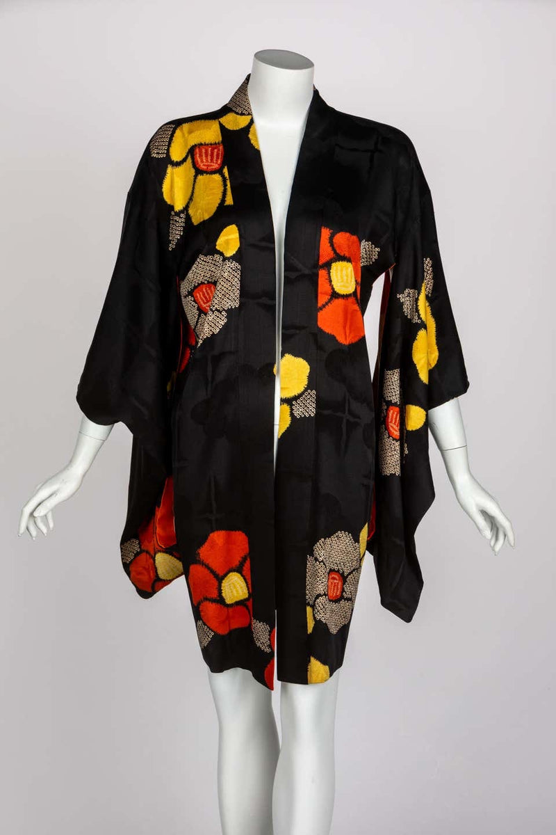 1930s Black Vibrant Shibori Flower Silk Kimono Jacket