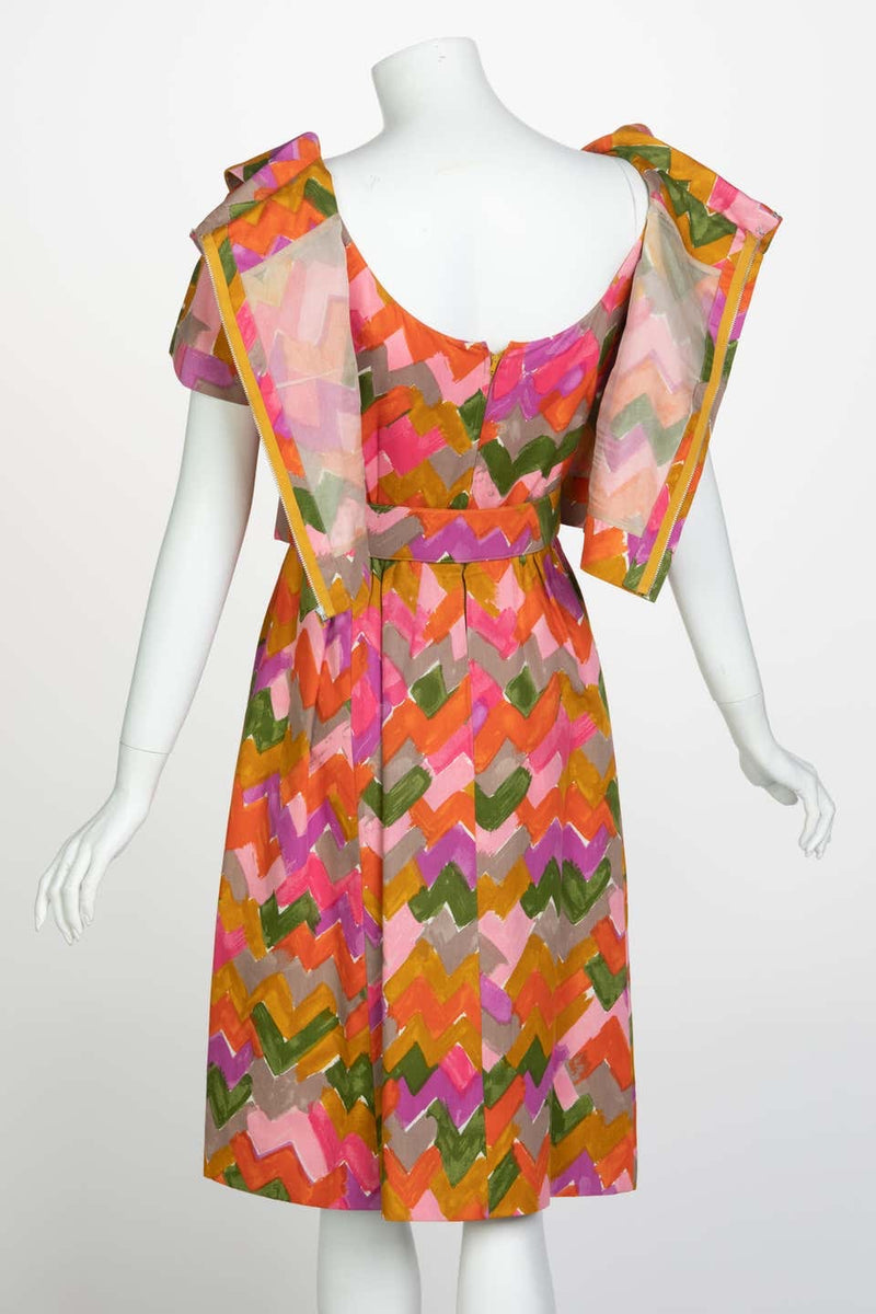 Christian Dior Demi-Couture Colorful Chevron Tailored Belted Dress, 1950s