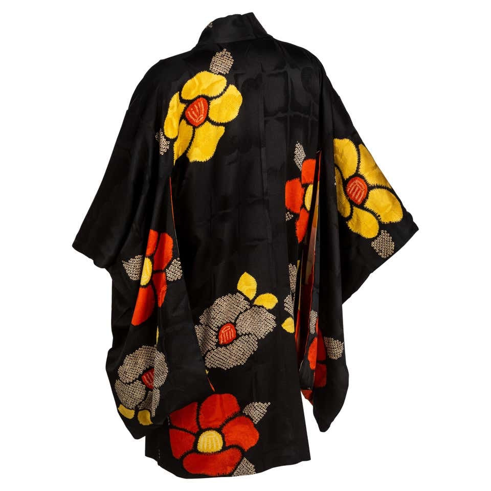 Japanese Cream Floral Black Men's Haori Yukata Kimono Jacket