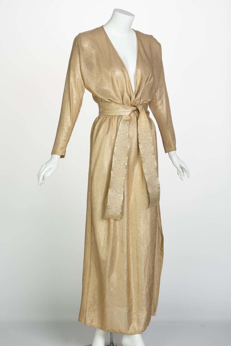 Bill Tice Gold Lurex Plunge Neck Belted Maxi Dress, 1980s