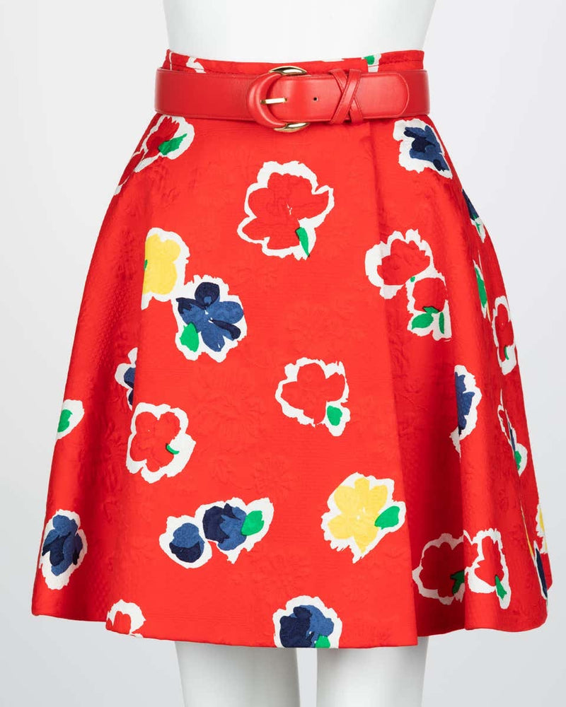 Galanos Red Floral Cotton Wrap Skirt w/ Belt, 1980s