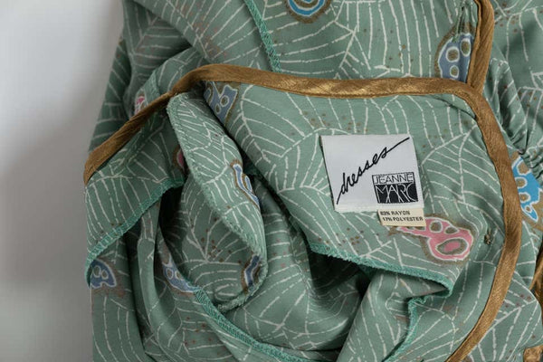 Jeanne Marc Seafoam Print Dress Gold Accents, 1980s