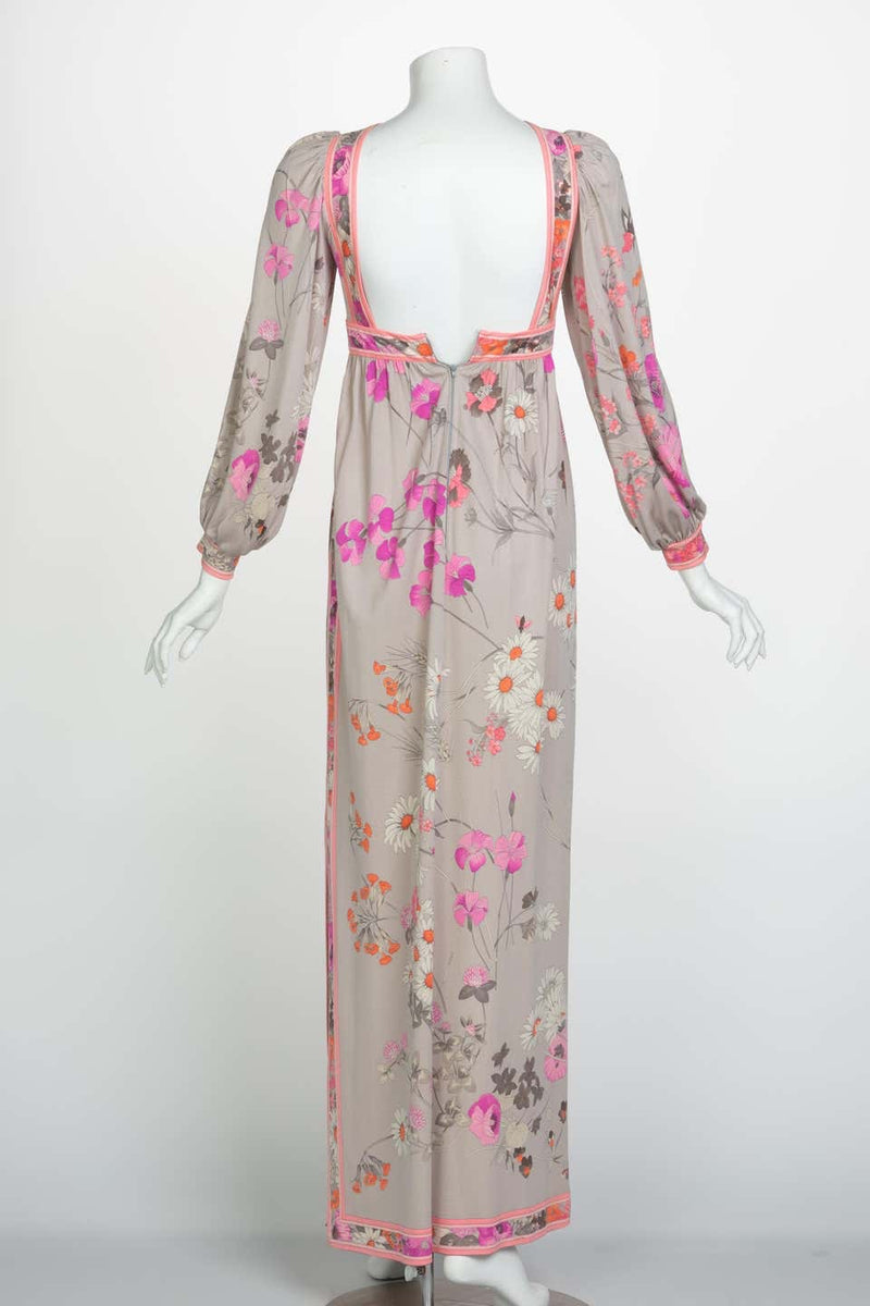 Leonard Paris Silk Floral Floral Print Open Square-Back Maxi Dress, 1970s