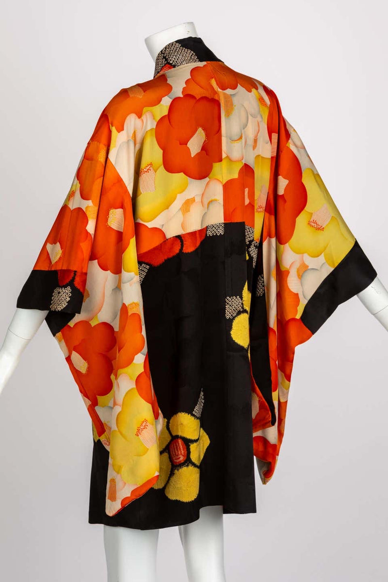 1930s Black Vibrant Shibori Flower Silk Kimono Jacket