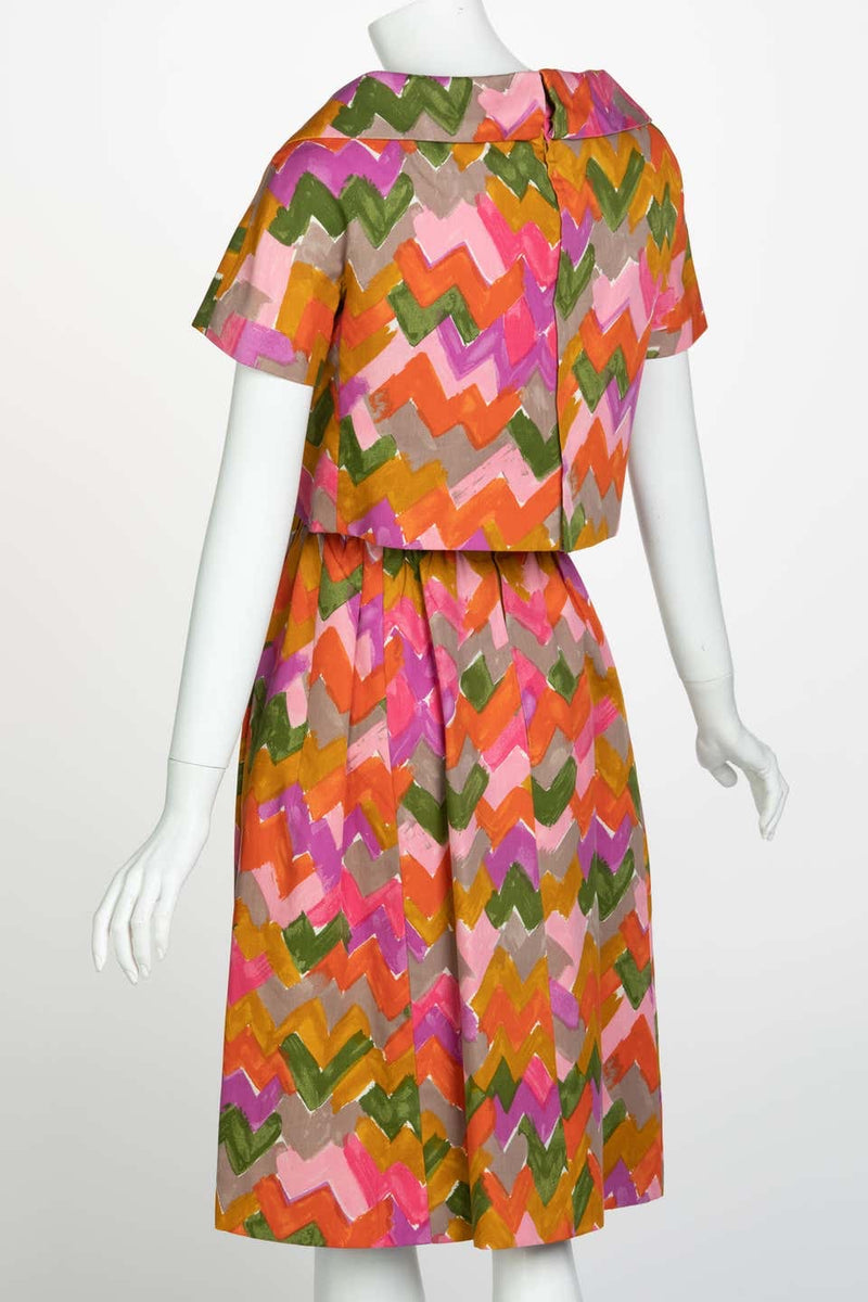 Christian Dior Demi-Couture Colorful Chevron Tailored Belted Dress, 1950s