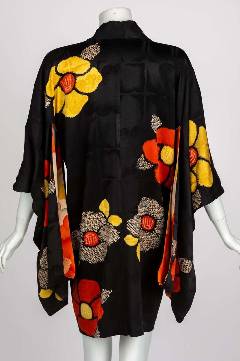 1930s Black Vibrant Shibori Flower Silk Kimono Jacket