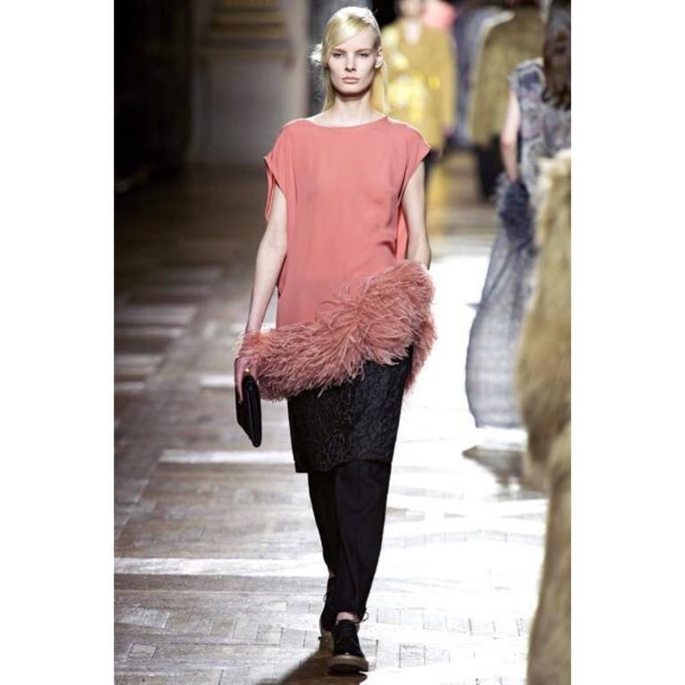 Dries Van Noten Pink Crepe Feather Trim Tunic Top Runway F/W 2013