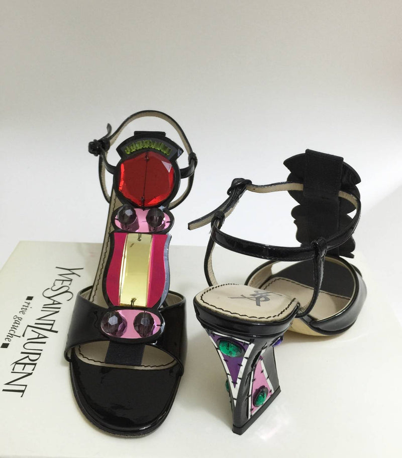 Yves Saint Laurent Patent Leather and Jewel T- Strap Heel Sandals Shoes 5