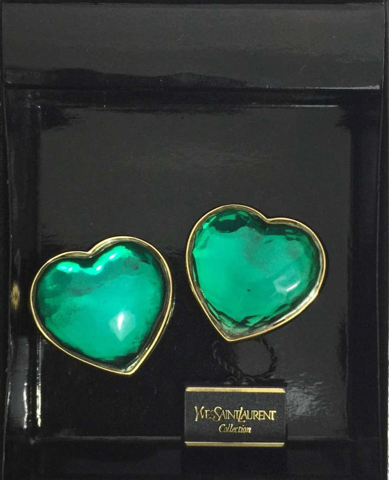 Vintage Yves Saint Laurent Runway Green Heart Earrings YSL