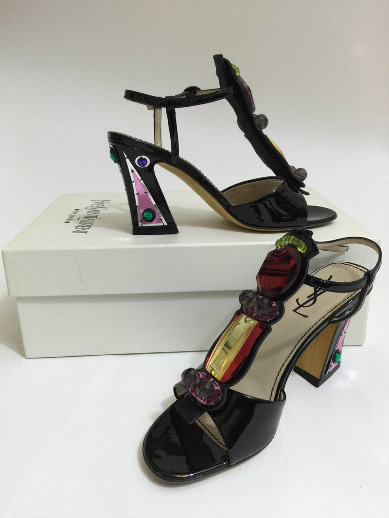 Yves Saint Laurent Patent Leather and Jewel T- Strap Heel Sandals Shoes 5