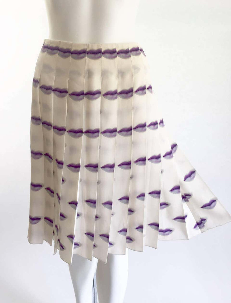 Spring 2000 Prada Purple Lip Print Pleated Silk Skirt