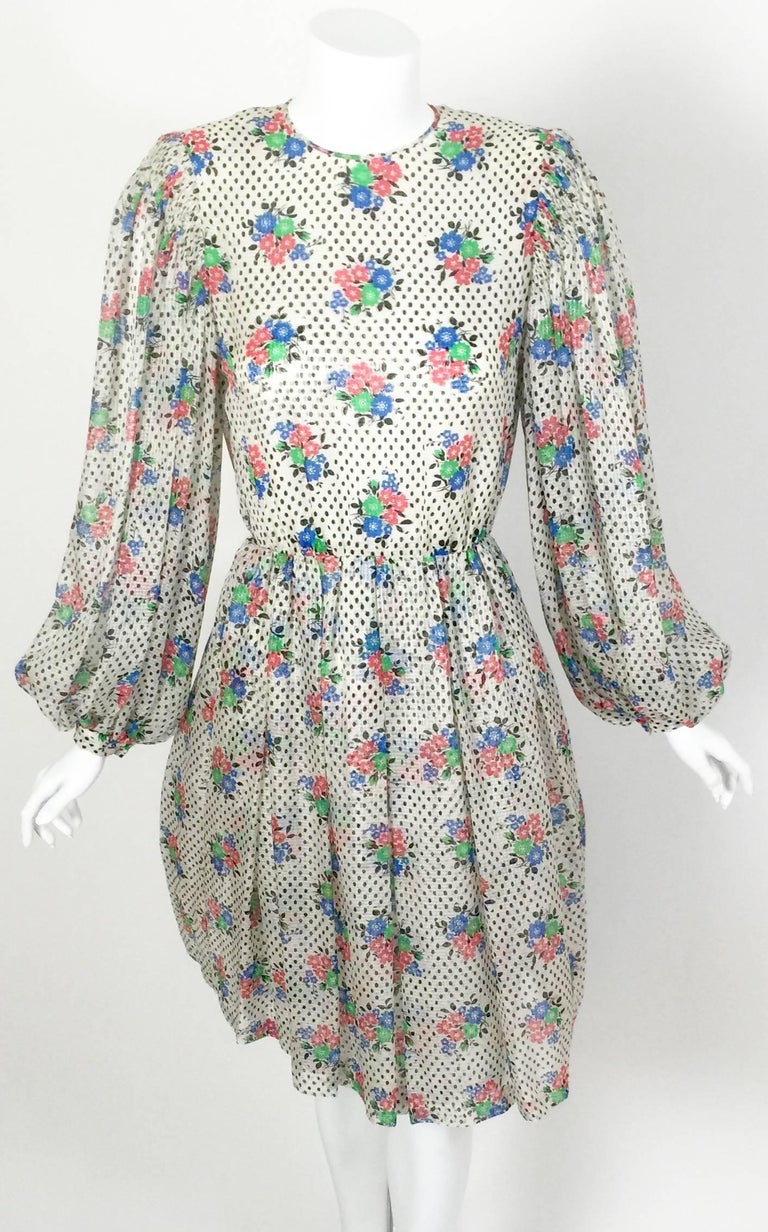 Galanos Floral Dot print Billow Sleeve Cut-Out Silk Cocktail Dress, 1970s