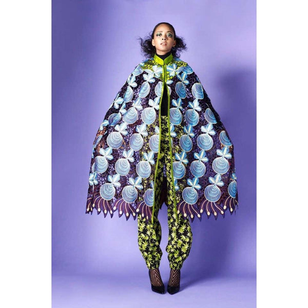 Duro Olowu Green Blue Red Cut Out Silk Lace Cape, 2012