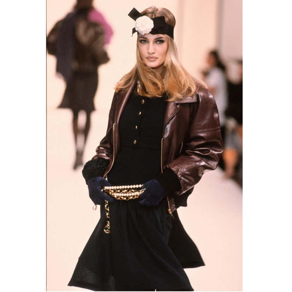 Chanel Brown Leather Bomber Jacket Runway 1990s